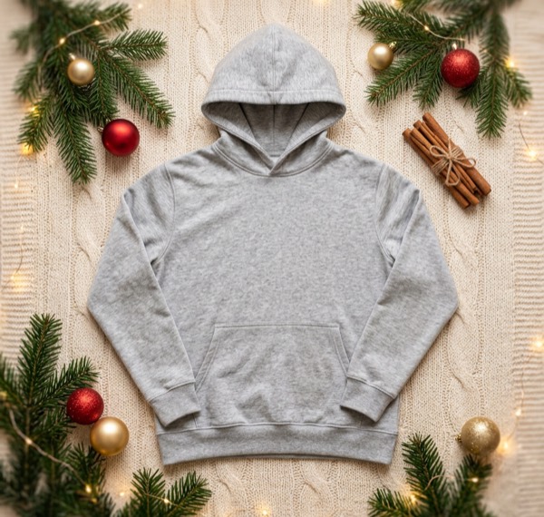 The hoodie on a knit blanket with Christmas decorations