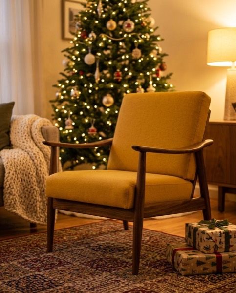The armchair beside a lit Christmas tree with gifts