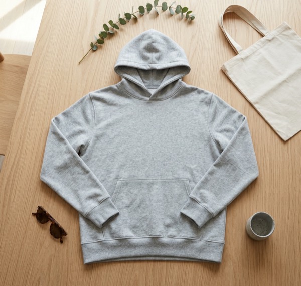 The hoodie in a flat lay with a tote bag and sunglasses