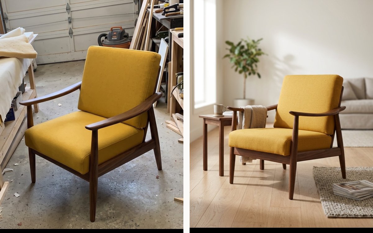 The same chair: phone photo on the left, styled photo on the right