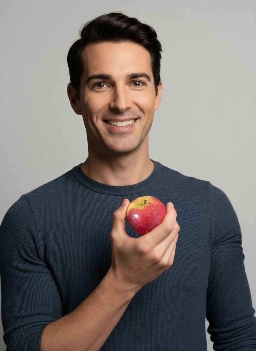 A man holding an apple against a plain background, illustrating the AI enhancement process in action.