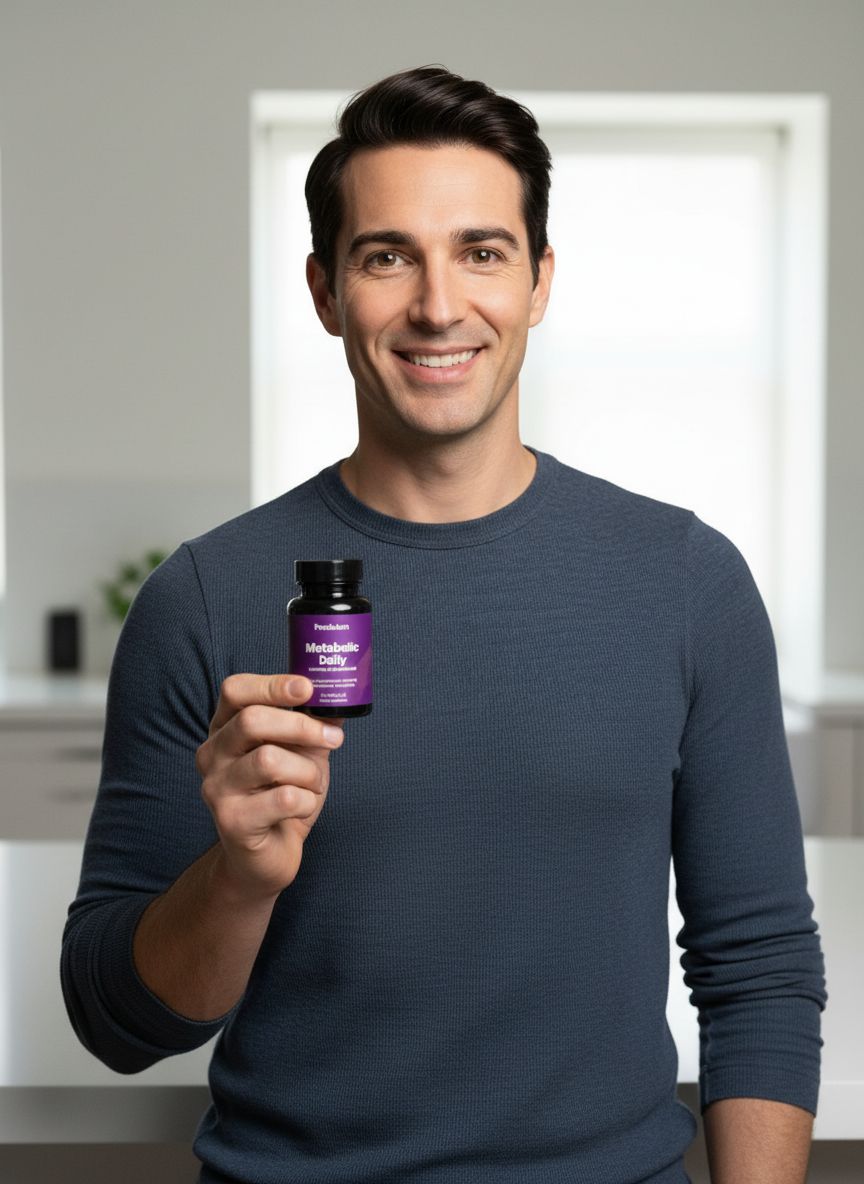 Lifelike AI-generated model holding a supplement bottle for a brand's product photography.